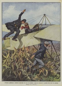 Judicial aviation, amerikansk polis som ser en mördare från ett flygplan och slår mot honom och arresterar honom av Achille Beltrame