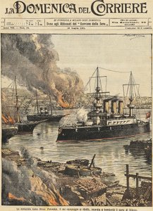 Slagskeppet Potemkin bombarderar Odessa, av Achille Beltrame, illustration, illustratör Achille Beltrame (1871-1945), från La Domenica del Corriere av Achille Beltrame