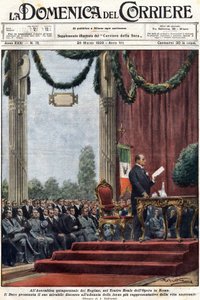 Benito Mussolini håller sitt tal på Teatro Reale i operan i Rom inför regimens ledare. illustration av Achilles Beltrame.”” Domenica del corriere”” av 24 mars 1929 av Achille Beltrame