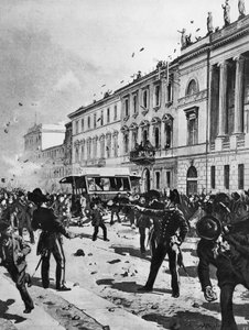 Sammandrabbning mellan demonstranter och polis i Milano, Corso Venezia, framför Palazzo Saporiti, 7 maj av Achille Beltrame