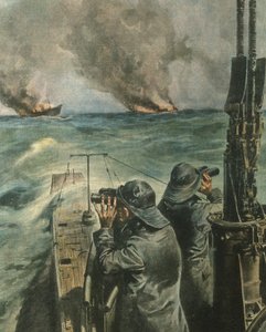 Omslagsillustration av angloamerikanska ångfartyg som torpederades utanför Västafrikas kust under andra världskriget av Achille Beltrame