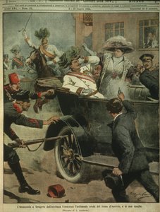 Omslagsillustration av mordet på ärkehertig Franz Ferdinand av Österrike, arvtagare till den österrikisk-ungerska tronen, Sarajevo av Achille Beltrame