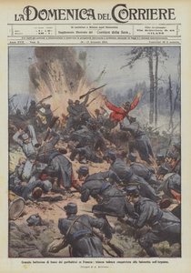 Blodigt elddop av Garibaldis soldater i Frankrike, tyskt skyttegrav erövrat med bajonett i Argonne