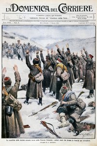 Nederlag för tionde ryska armén i Östpreussen: Ryska soldater höjer sina armar i kapitulation, skylt av Achille Beltrame (1871-1945) från La Domenica del Corriere, 28 februari-7 mars 1915 av Achille Beltrame