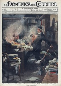 Död i sitt laboratorium i Neapel av Giuseppe Mercalli (1850 -1914), italiensk seismolog och vulkanolog. Illustration av Achille Beltrame för "" La domenica del corriere""". 1914. av Achille Beltrame