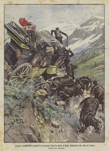 Schweizisk diligens störtar ner i en ravin längs vägen från Brig (Simplon) till Rhônedalen