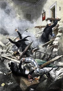 Katastrof i en byggnad i Genua: goda systrar försvann i kollapsen av två lägenheter. Ill. de Beltrame. "La Domenica del Corriere". 04/1914. av Achille Beltrame