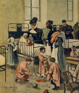 Utdelning av julklappar till fattiga barn på sjukhus, av Achille Beltrame, illustration, illustratör Achille Beltrame (1871-1945), från La Domenica del Corriere, 23 november 1900 av Achille Beltrame