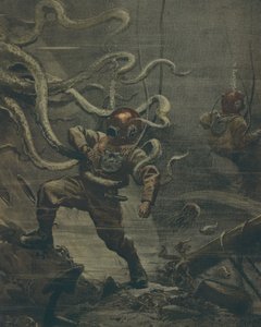 Dykare som attackeras av jättebläckfisk under dyket, av Achille Beltrame, illustration, illustratör Achille Beltrame (1871-1945), från La Domenica del Corriere, 25 oktober 1908 av Achille Beltrame