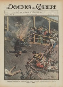 Dramatiskt cykellopp i Berlins velodrom, damer brända av bensinen från en? av Achille Beltrame