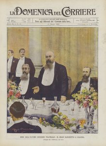 Ekon av den sista teatrala framgången, den stora banketten i Giacosa av Achille Beltrame