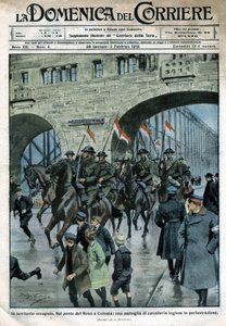 Engelsk närvaro i Tyskland: militära trupper på en Rhenbro i Köln. Illustration av Beltrame. La Domenica del Corriere. 01/1919. av Achille Beltrame