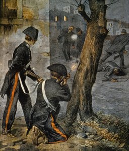Avsnitt av Sicilian Mafia, konflikt mellan polis och gangsters i Trapani från La Domenica del Corriere, 31 december av Achille Beltrame