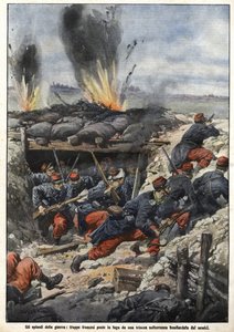 Avsnitt av kriget 1914: Franska trupper i skyttegravarna bombas av fiender. “La Domenica del Corriere” av Achille Beltrame