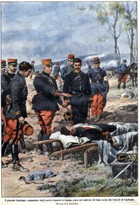 Avsnitt av kriget 1914: General Noel Edouard de Curieres de Castelnau (1851-1944), befälhavare för den franska armén i Lorraine, svär på sin döde sons kropp att hämnas honom. Illustration av Achille Beltrame i "" La Domenica del Corriere"" av Achille Beltrame