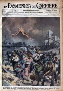 Utvandring av befolkningen i El Salvador efter jordbävningen och vulkanutbrotten i Santa Rita. Illustration av Achille Beltrame i "" La domenica del corriere"" 1937-01-03. av Achille Beltrame