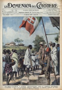 Fascism 1937: Möten i Gambela, handelscentrum för det etiopiska imperiet, för inhemska hövdingar och personligheter för att göra en anslutning till den italienska regeringen. Illustration av Achille Beltrame i "" La domenica del corriere"" 17/01/19 av Achille Beltrame
