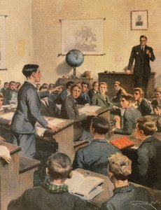 Bekämpning av analfabetism, barn i skolan, av Achille Beltrame, illustration, Illustratör Achille Beltrame (1871-1945), från La Domenica del Corriere av Achille Beltrame