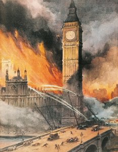 Brand på Westminster Palace, London, efter tysk bombning, illustration från "The Sunday Courier" av Achille Beltrame