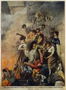 Brand i stor amerikansk textilfabrik: arbetare i trapphus, illustration av Achille Beltrame (1871-1945), från La Domenica del Corriere, 10 augusti av Achille Beltrame