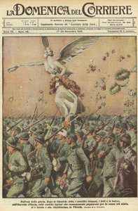 Första världskriget 1918 - Italien i kriget. Seger dag. I härlighetens timme. Efter en titanisk kamp, de enorma offren, dödsfallen, stormarna, har Italiens armé, de heroiska romerska legionerna som kämpade för det allra heligaste, lyft offret av Achille Beltrame