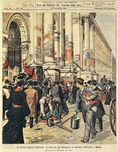 Allmänna val i Milano: konfrontationer mellan människor som hänger upp politiska affischer i Milano, av Achille Beltrame (1871-1945), från La Domenica del Corriere av Achille Beltrame