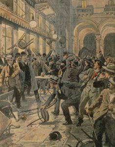 Allmän arbetarstrejk i Milano, upplopp i Galleria Vittorio Emanuele II, av Achille Beltrame, illustration, Illustratör Achille Beltrame (1871-1945), från La Domenica del Corriere av Achille Beltrame