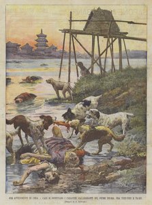 Händelser i Kina, hundar leker lik som flyter på Pei-Ho-floden, mellan Tien-Tsin och Ta-Ku