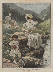 Underhållning av kungafamiljen i Valle Gesso, drottning Elena fiske av Achille Beltrame