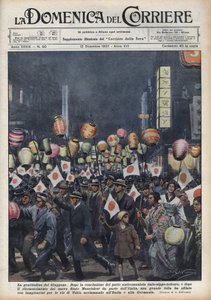 Stor förorening av Tokyoinvånare för att hylla Italien och Tyskland efter erkännandet av den nya staten Manchukuo (Manchukuo eller Manzhouguo) Illustration av Achille Beltrame i "La domenica del corriere""" av 1937-12-12 av Achille Beltrame