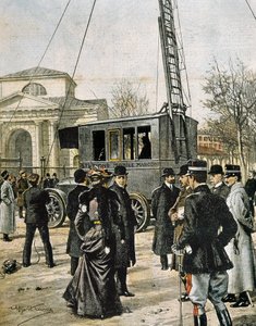 Guglielmo Marconi assisterar i Milano för att testa den första Stazione Radio Mobile. Illustration av Achille Beltrame för "Domenica del Corriere"" (1906). Gravyr. av Achille Beltrame