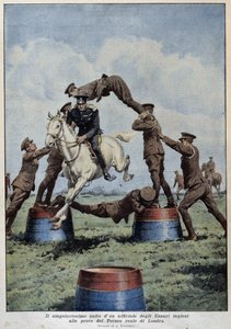 Hästhoppning: Engelska husarer vid London Tournament Trials - teckning av A. Beltrame, i "La Domenica del Corriere"" av Achille Beltrame