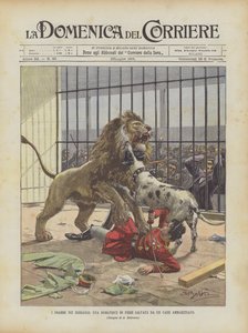 Drama i menagerierna, en rättvis tämjare räddad av en tränad hund av Achille Beltrame