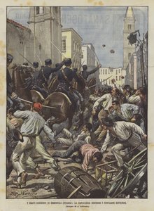 Cerignolas allvarliga störningar (Foggia), kavalleriet skingrar de revolterande bönderna