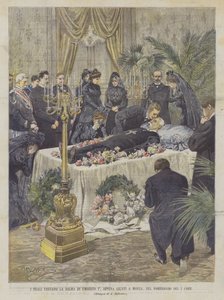 De kungliga besöker kvarlevorna av Umberto I, så snart de anländer till Monza, på eftermiddagen den 1 Corr.