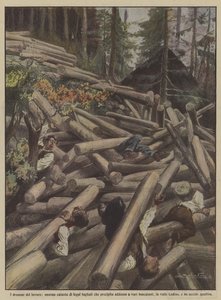 Arbetets dramer, en enorm hög med hugget virke som faller på olika skogshuggare? av Achille Beltrame