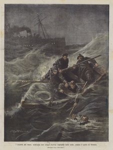 Havets dramer, en livbåt med fem sjömän uppslukad av vågorna, nära hamnen i Venedig av Achille Beltrame