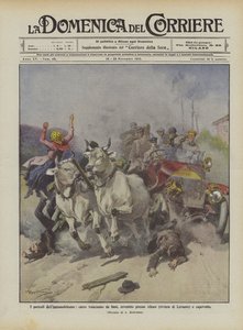 Farorna med bilkörning, vagn dragen av oxar, körde över vid Altare (Riviera di Levante) och välte