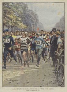 Giro dei Bastioni di Milano vid Passo di Corsa, starten för de 160 löparna av Achille Beltrame