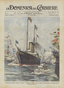 Suveränernas resa till London, yachten Victoria och Albert som leder dem passerar framför det engelska laget