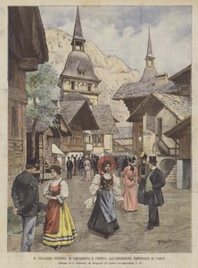 Den schweiziska byn, av pappersmache och stubb, på den universella utställningen i Paris