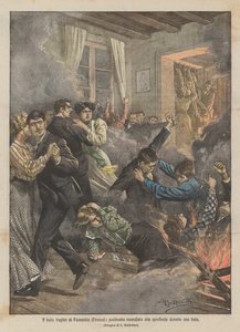 Den tragiska dansen av Fucecchio (Florens), ett brinnande golv som kollapsar under en fest av Achille Beltrame