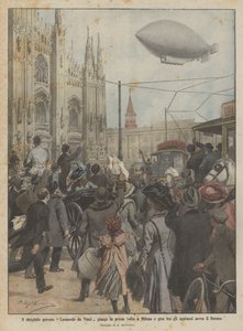 Det privata luftskeppet Leonardo da Vinci anländer till Milano för första gången och vänder sig till applåder ovanför Duomo