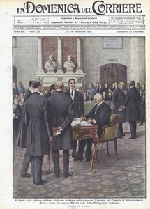 Frukten av den italienska militära segern, undertecknandet av fred med Österrike, i slottet Saint-Germain av Achille Beltrame