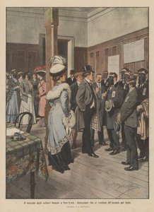 Den vita slavmarknaden i New York, arbetslösa människor som säljer sig själva på auktion av hunger (färglitografi) av Achille Beltrame