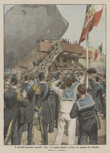 Lanseringen av pansarkryssaren Pisa, på Orlando-varvet i Livorno, dopceremonin