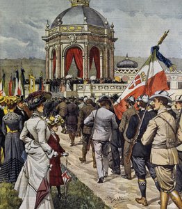 Invigning av IV-skyttetävling vid Farnesina polygon, Rom, Italien, illustration av Achille Beltrame från La Domenica del Corriere, 25 maj av Achille Beltrame