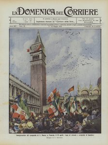 Invigning av klocktornet i S Marco, i Venedig, den 25 april, flyg med duvor och viftande med flaggor av Achille Beltrame