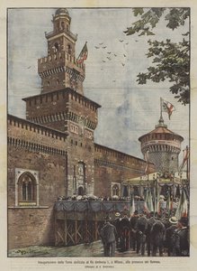 Invigning av tornet tillägnat kung Umberto I, i Milano, i närvaro av suveränerna