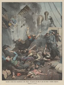 Eld ombord på en oceanliner i Engelska kanalen, luckan hoppar upp i luften mellan emigrantkvinnor och barn av Achille Beltrame
